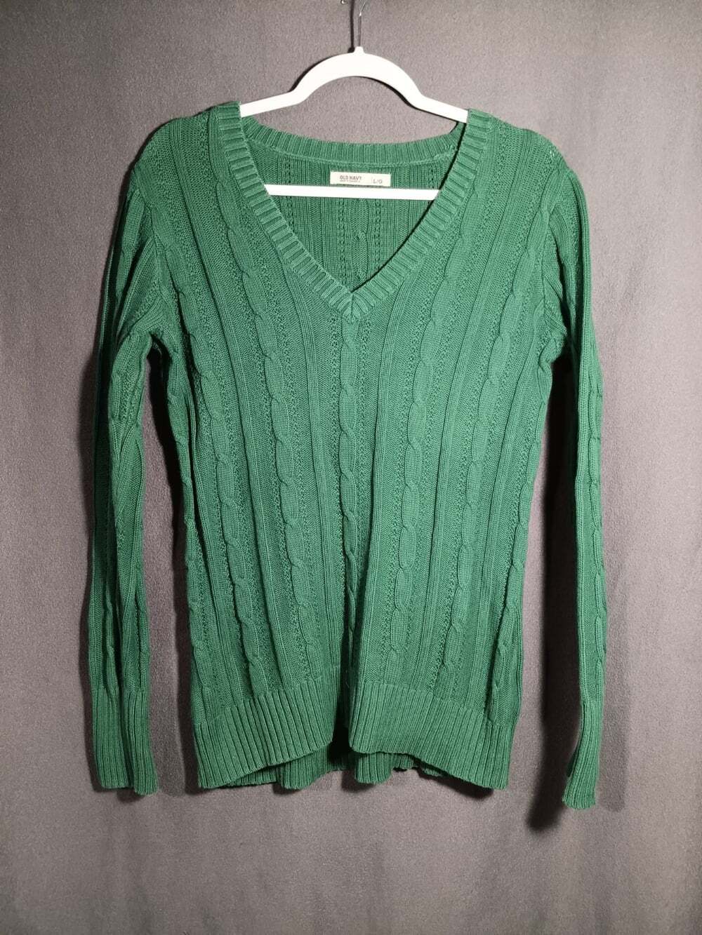 Old Navy Green Cable Knit Sweater Women’s Large V Neck Long Sleeve Y2K Holiday